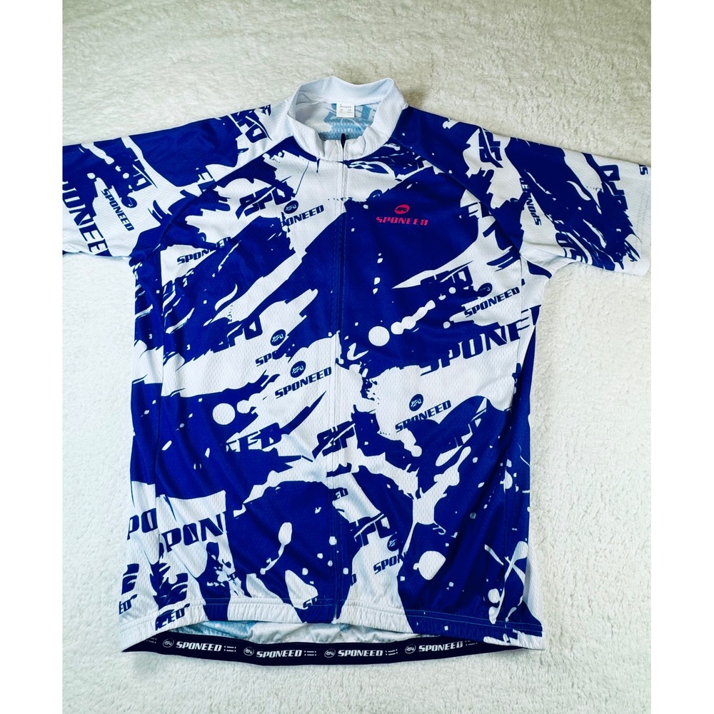 Sponeed Cycling‎ Jersey Men XL Blue White Abstract Graphic Full Zip Short Sleeve